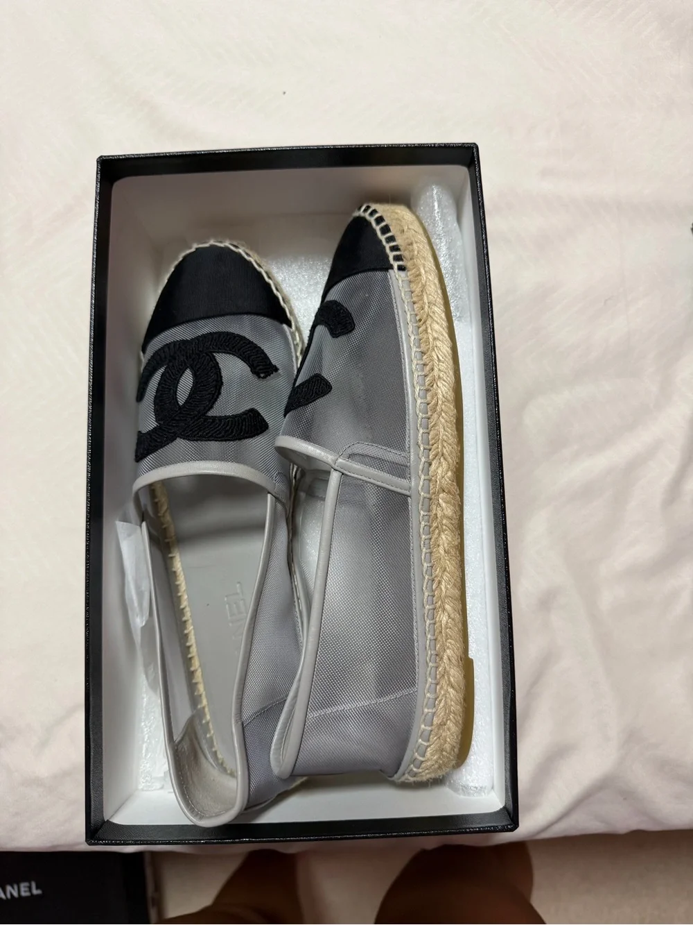 AUTHENTIC CHANEL Black & Gray Mesh Espadrilles with Jute Sole